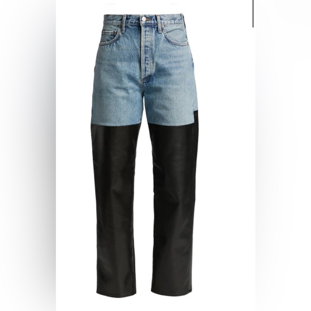 Women's Pieced 90's High-Rise Pinch-Waist Leather Straight-Leg Jeans
